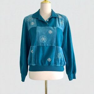 Vintage Alfred Dunner Blue Velvet Beaded Patchwork Collared Sweater Womens S